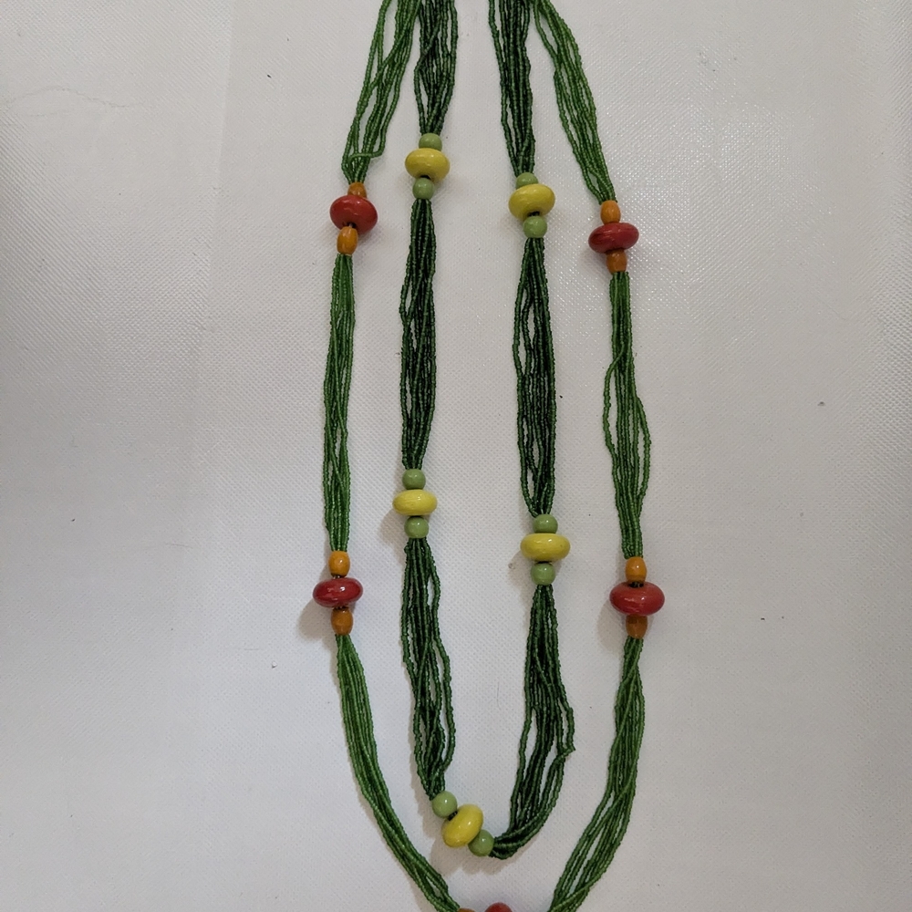Handcrafted Green Beaded Necklace with Red and Yellow Accents